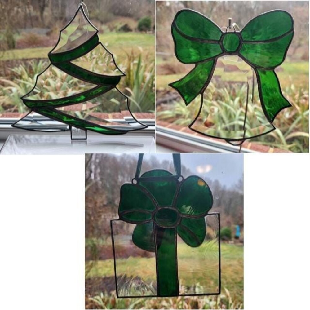 Stained Glass Christmas Sun Catchers Window Ornament Set of 3 Tree Bell Present